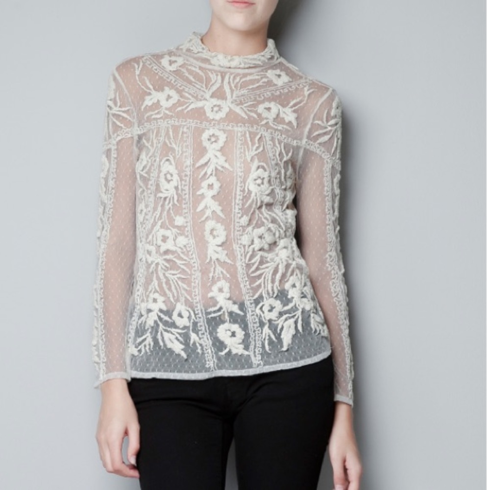 Zara Sheer Mesh Floral Long Sleeve Off White Small Cottage Ethereal Chic Top NWT